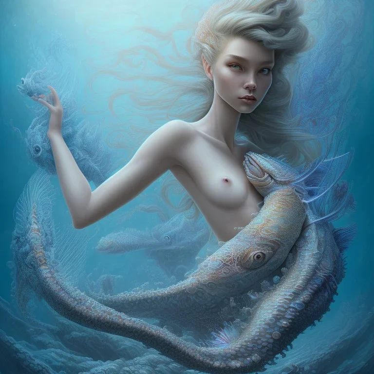 sango fantasy, fantasy magic, intricate, sharp focus, illustration, highly detailed, digital painting, concept art, matte, artgerm and paul lewin and kehinde wiley, masterpiece sexy lips Hawaiian afro lips lady body mermaid lionfish head blue space lady beach sea under water mermaid seaweed