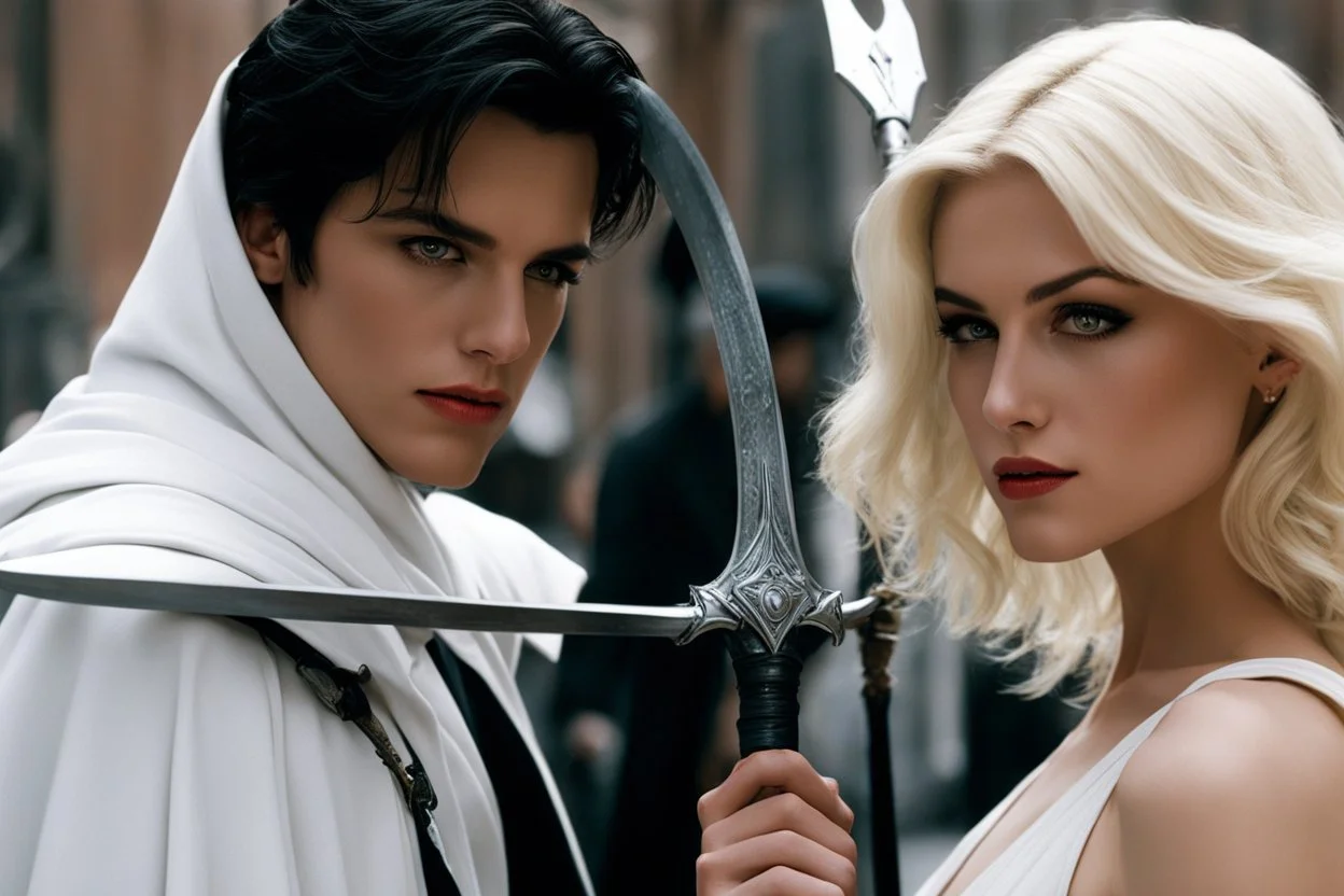 two angels face to face: a dark pale brunette with a scythe in front of a blonde man with a mace (photo from a movie by Quentin Tarantino) Dahlia faces Azrael, she is a spectre: she has the apparence of a young very white woman with dark short hair, a hoodie and a scythe, she lives in the city of Manhattan. She collects souls for Saint Peter and then joins her sister Famine to help them. She stands on the side of the street. Today she confronts Azrael, the terrible angel