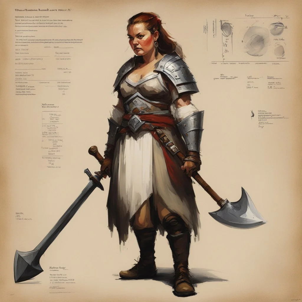 ConceptSheet [by Guy Borremans]: woman dwarf warrior and her axe with AD&D statistics