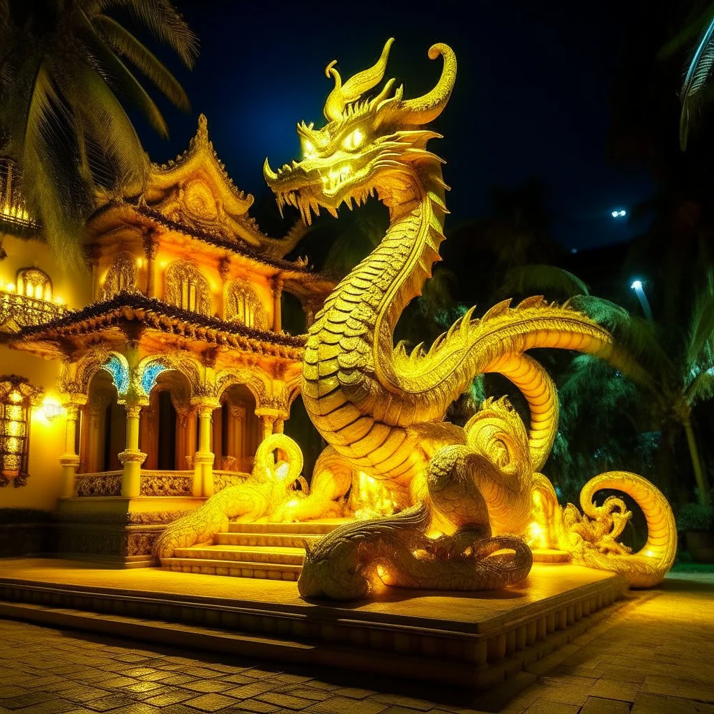 A yellow palace with glowing light dragons designed in Hawaiian tiki statues painted by Vincent van Gogh