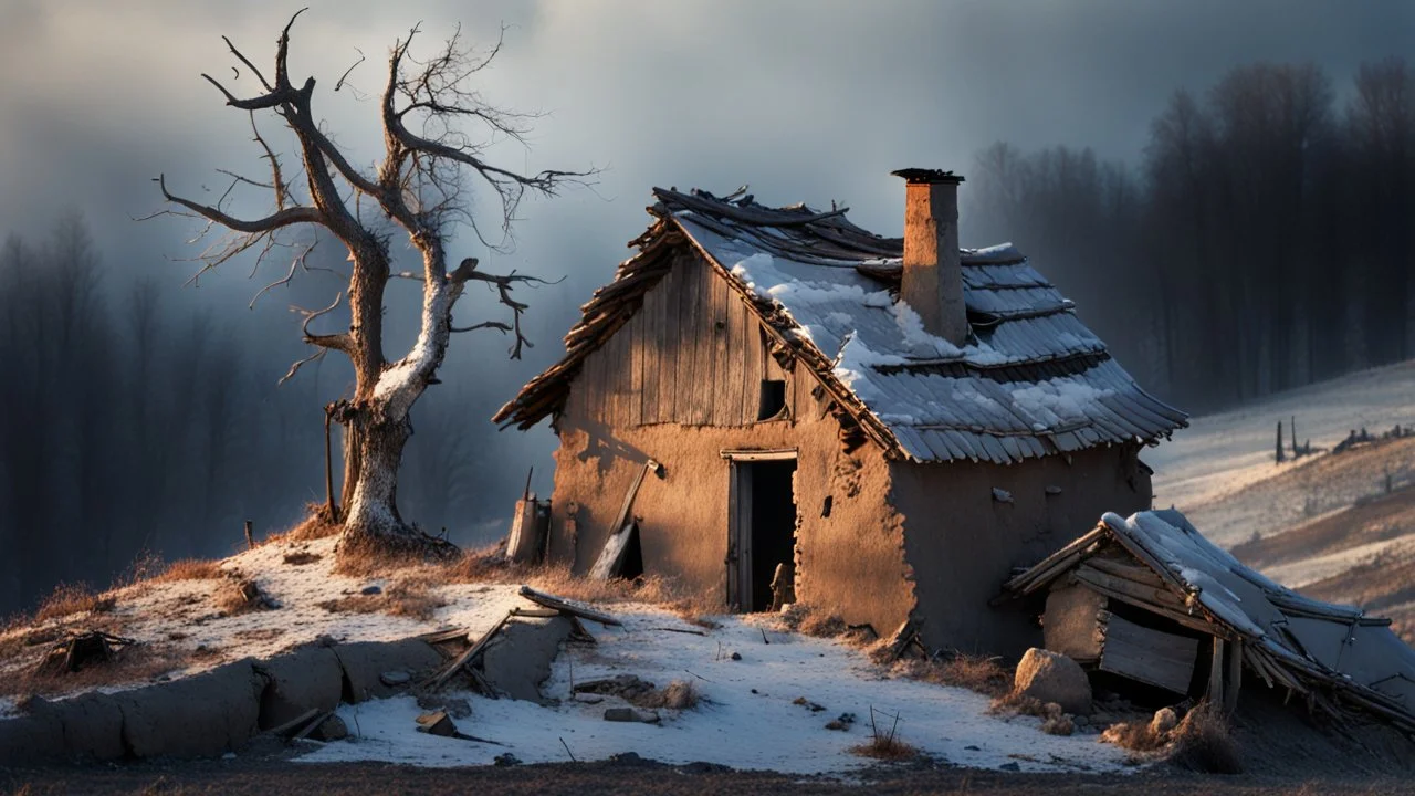 a lonely old adobe hut with worn adobe brown-gray wall and a small window, a crumbling roof, an old chimney stands on a hill, next to it is a small woodshed by the wall, and an old withered tree leans over the hut on thr old tree sitting a black crow, the hut stands on the edge of a European forest, winter, snowy landscape, low light, dawn, high detailed, sharp focus, high realistic, perfect photo