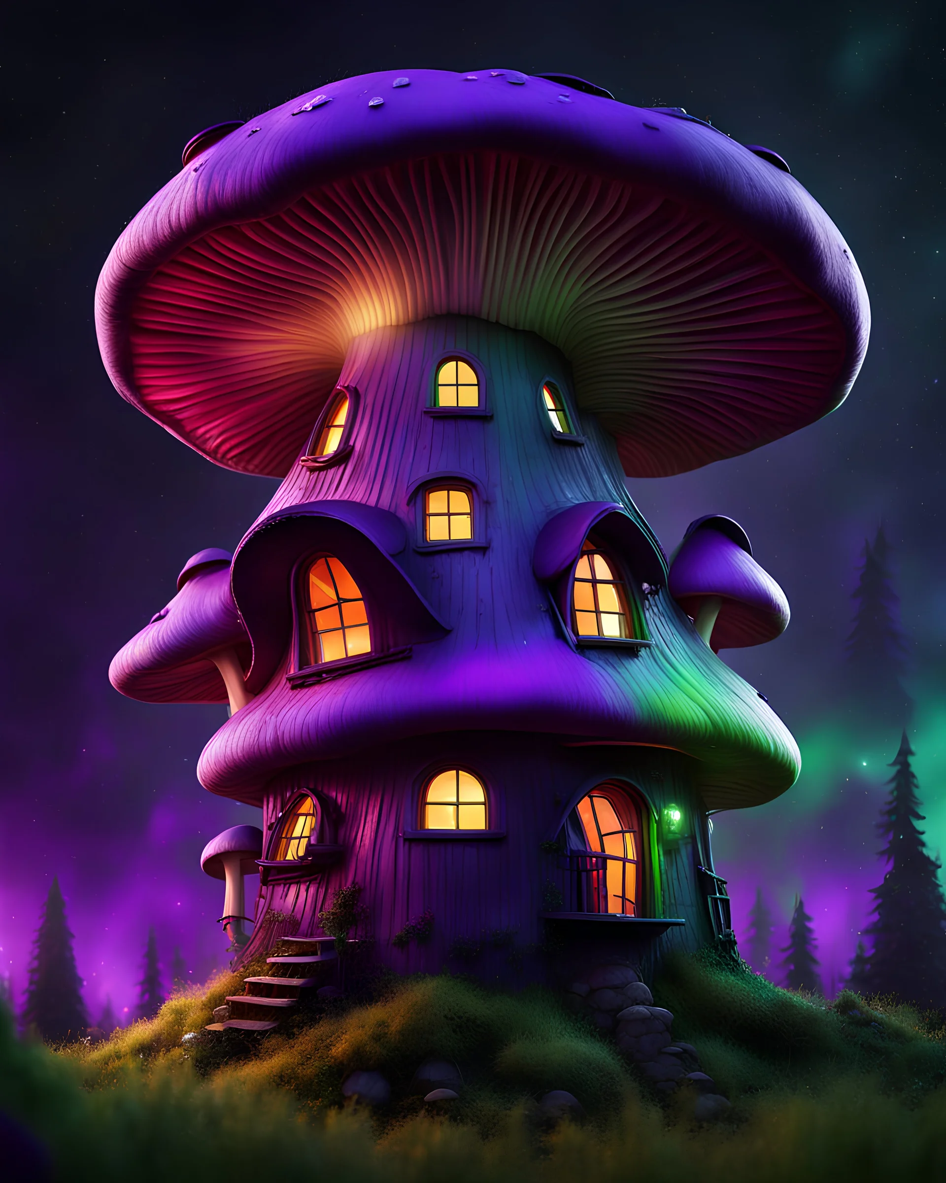 An asymmetrical mushroom house in the night sky. in space. Bright Bold Bright Colors, green white purple black, Stark Dark background. Detailed Matte Painting, deep color, fantastical, intricate detail, splash screen, hyperdetailed, insane depth, Fantasy concept art, 8k resolution, trending on artstation, Unreal Engine 5, color depth, Deep Colors, backlit, splash art, dramatic, splash art Style. High Quality, Painterly, Whimsical, Fun, Imaginative, Bubbly, good detail, perfect composition,