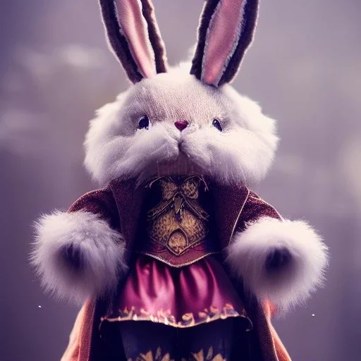 bunny, high ornamented light armor, fluffy fur, foggy, wet, stormy, 70mm, cinematic, highly detailed