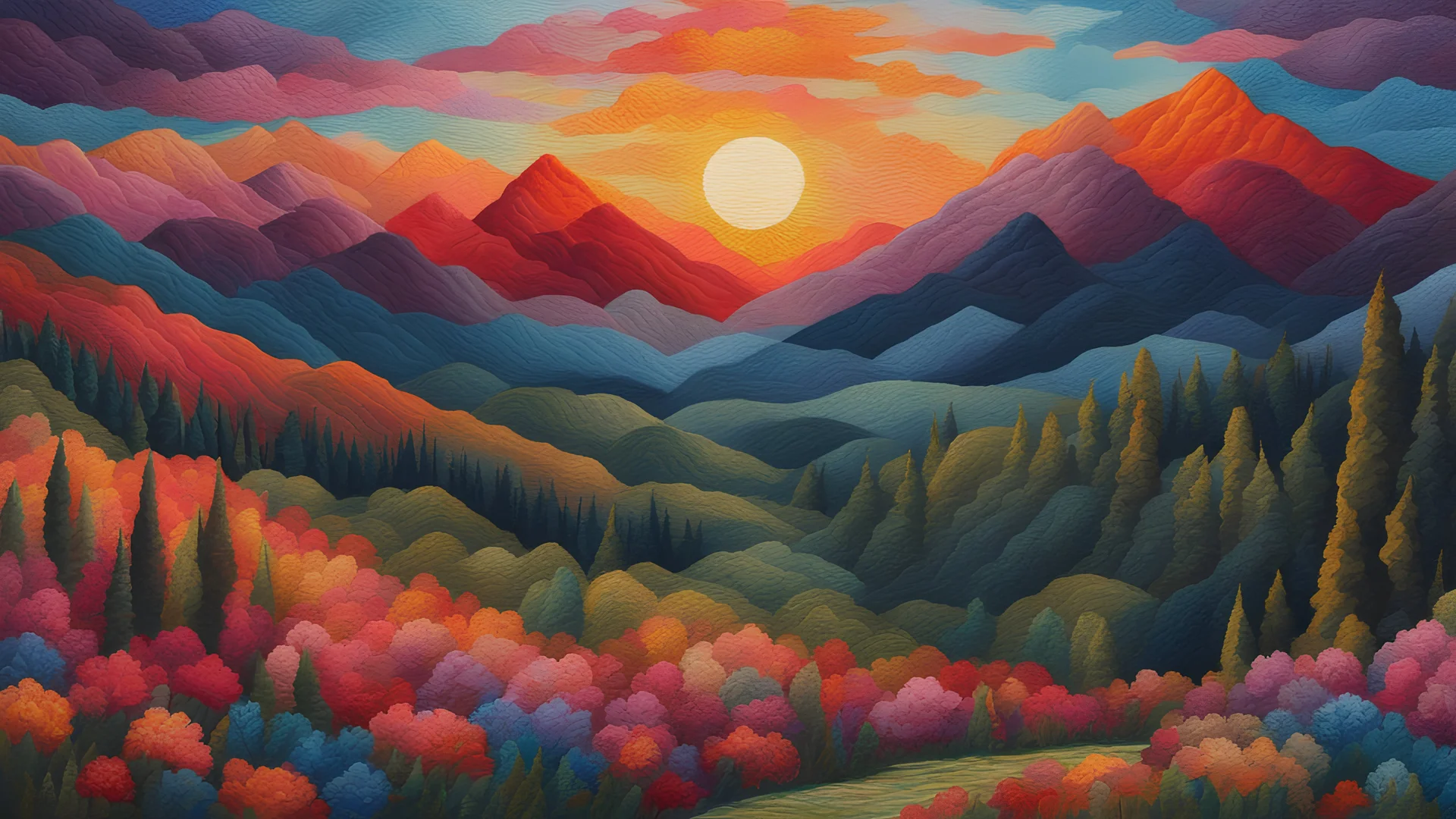 embroidery Sunrise over the mountains + handcrafted embroidered fabric+ 4K + high resolution + high depth of field + brilliant colours in Gouache Style, Watercolor, Museum Epic Impressionist Maximalist Masterpiece, Thick Brush Strokes, Impasto Gouache, thick layers of gouache watercolors textured on Canvas, 8k Resolution, Matte Painting +