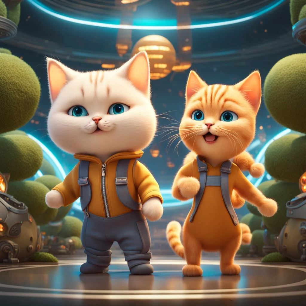 (masterpiece, best quality, 8k, RAW photo, beautiful and aesthetic:1.2), complex detail, Indirect light, photorealistic, (((full body))), 2 Cosmic Boss Baby style bald boy and girl smiling, long curved blonde hair , with a ginger cat companion, colorfull Sci-Fi environment