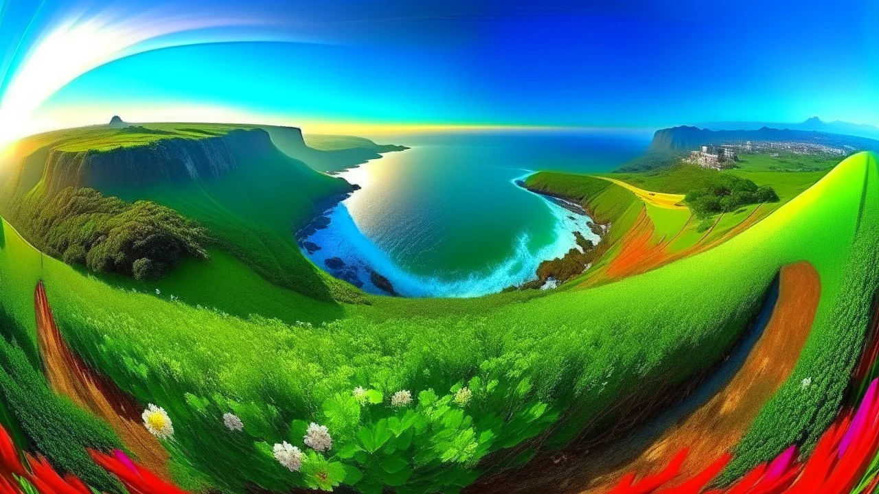 wide angle lens perspective showing curvature of earth at the horizon, brilliant lush vibrant landscape giving way to the ocean, trees flowers waterfall verdant, eco-friendly, award winning photography