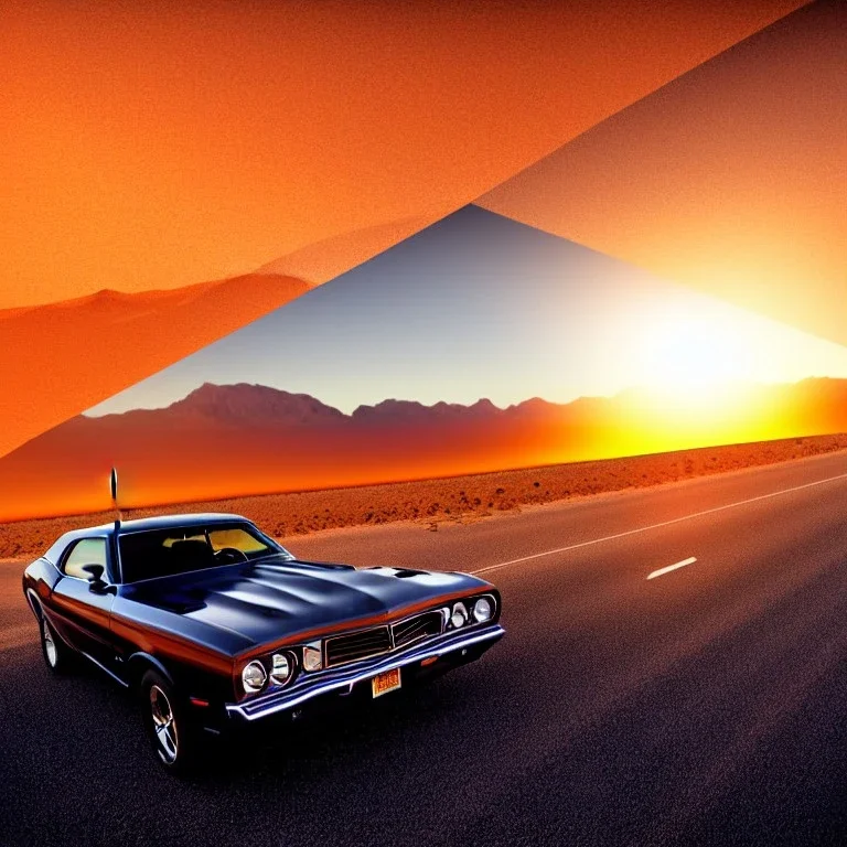 muscle car, married couple driving, desert road, sunset, full colour,