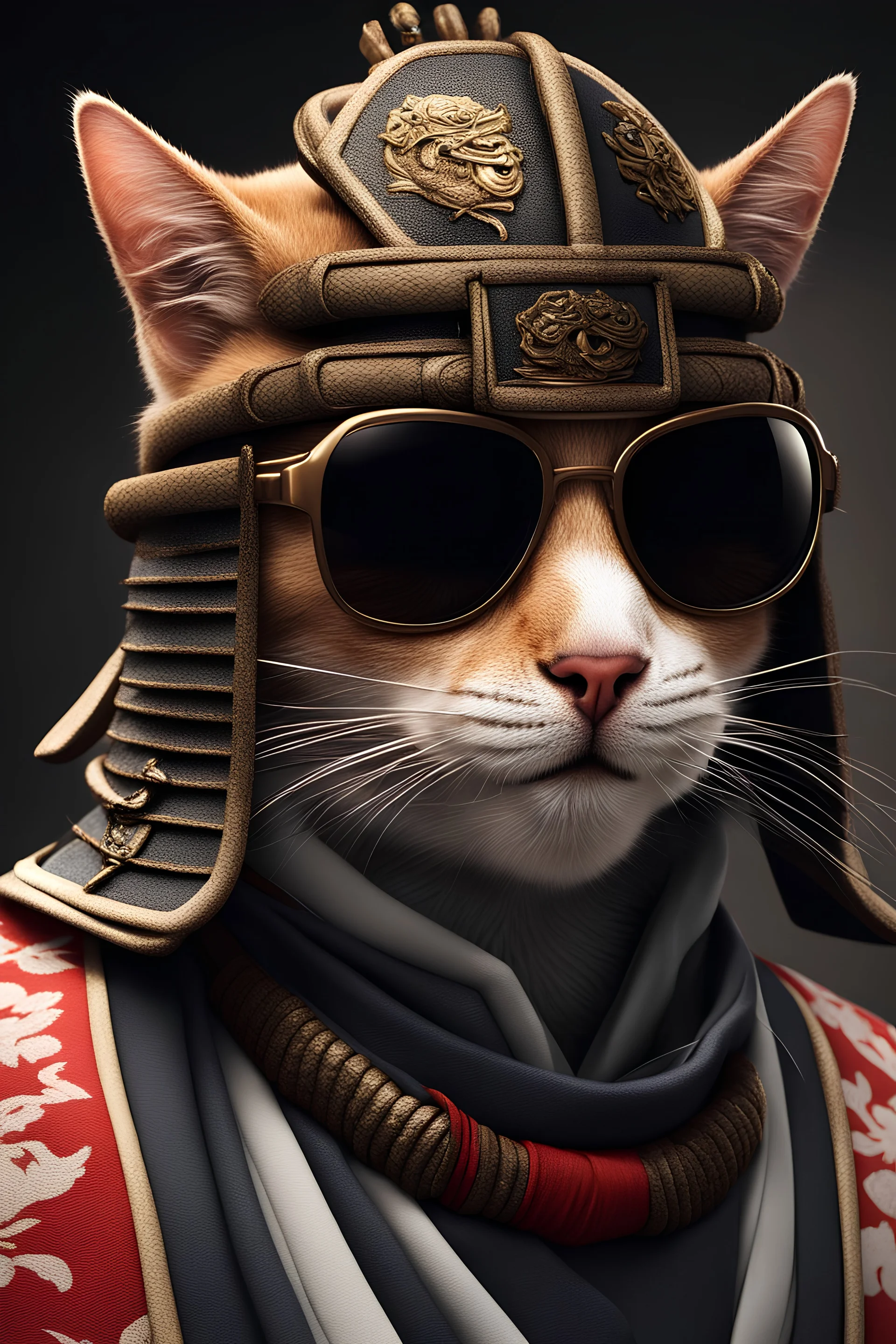 Cat in samurai dress in Japan, portrait of half body, wearing sunglasses ,Photorealistic, next level resolution, 4k, ultra quality, hyper realistic
