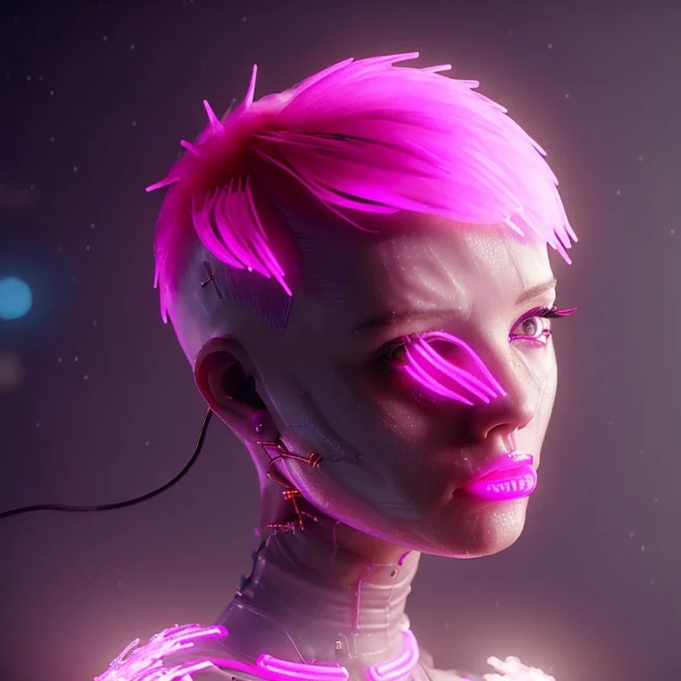 pretty pink short hair cyber woman, cold ambient, latex, cables, purpurin, blood, black, gold, piercings, brown, decorative color feathers, circuits, neon style, a lot of led lights, fog, rain, vibrant color, highly detailed, art stations, concept art, smooth, unreal engine 5, god rays, ray tracing, RTX, lumen lighting, ultra detail, volumetric lighting, 3d, finely drawn, high definition, high resolution.