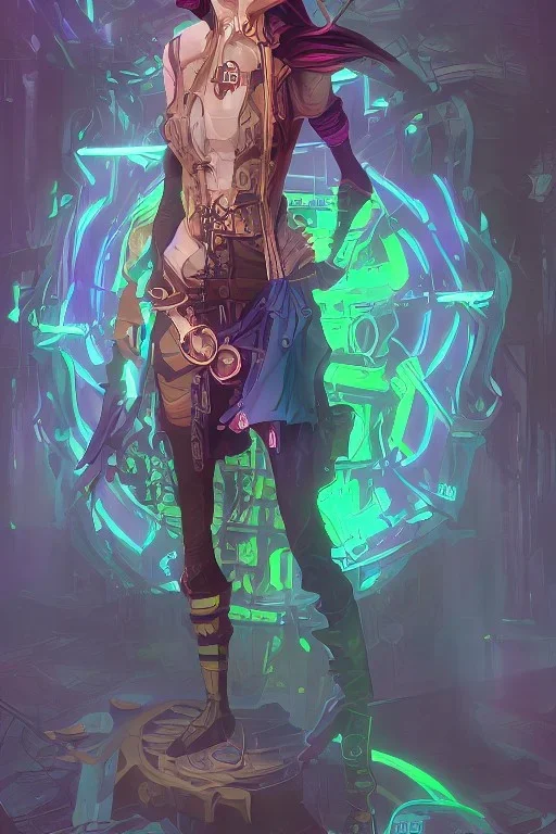 standing steampunk elf with blue hair in a neon dystopian forest