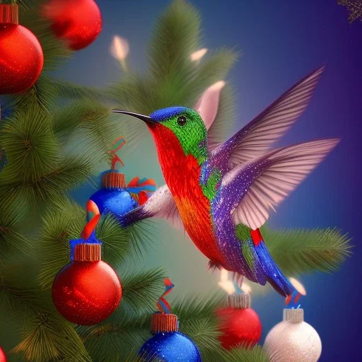 cute 3d christmas tree with white, red and blue 3d cute colibri bird flying