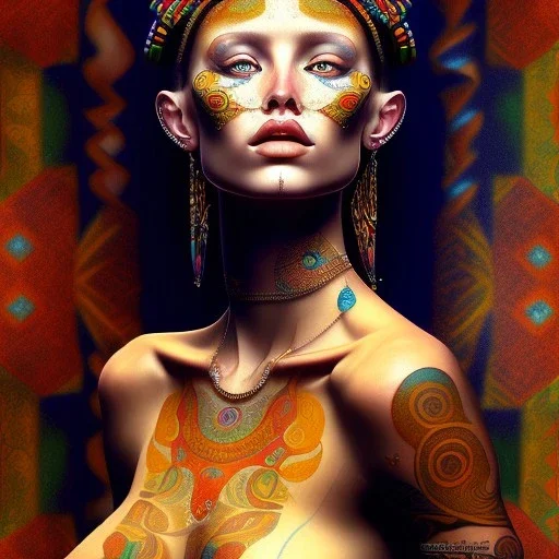 retrato de Mujer tribal bella con tatuajes con estilo de Gustav Klimt