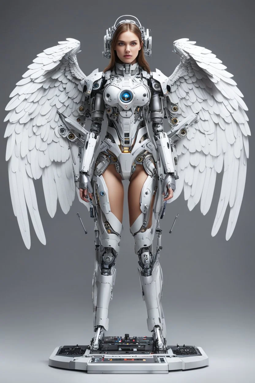 Front view Fullbody gorgeous Realistic Photography beautiful super model Russian as playing Dj player cyborg mechanical electrical realistic beautiful Angel woman hyper detailed, sci-fi concept art