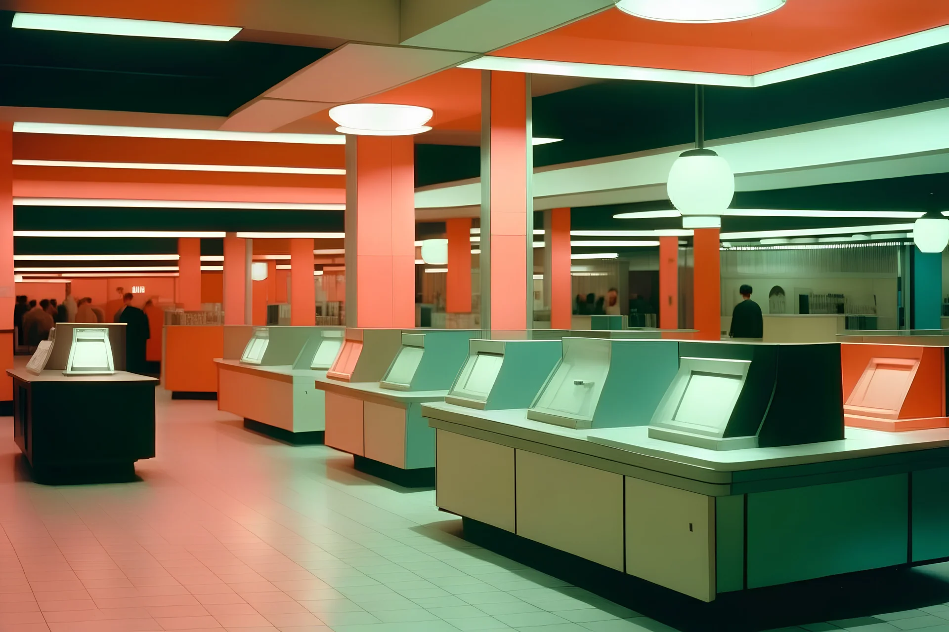 empty 1960's mall color, low lights