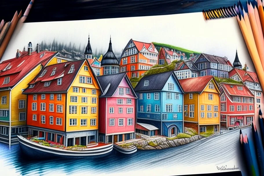 Colored pencil drawing, Very detailed, Drawing of the colorfull houses in the city Bergen in Norway. Colorfull, professional, detailed, pencil strokes, calm composition, zoom out, very detailed and realistic