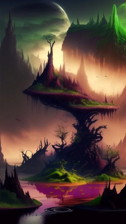 epic fantasy landscape mostly lush green with small area of dark evil swampland on one side