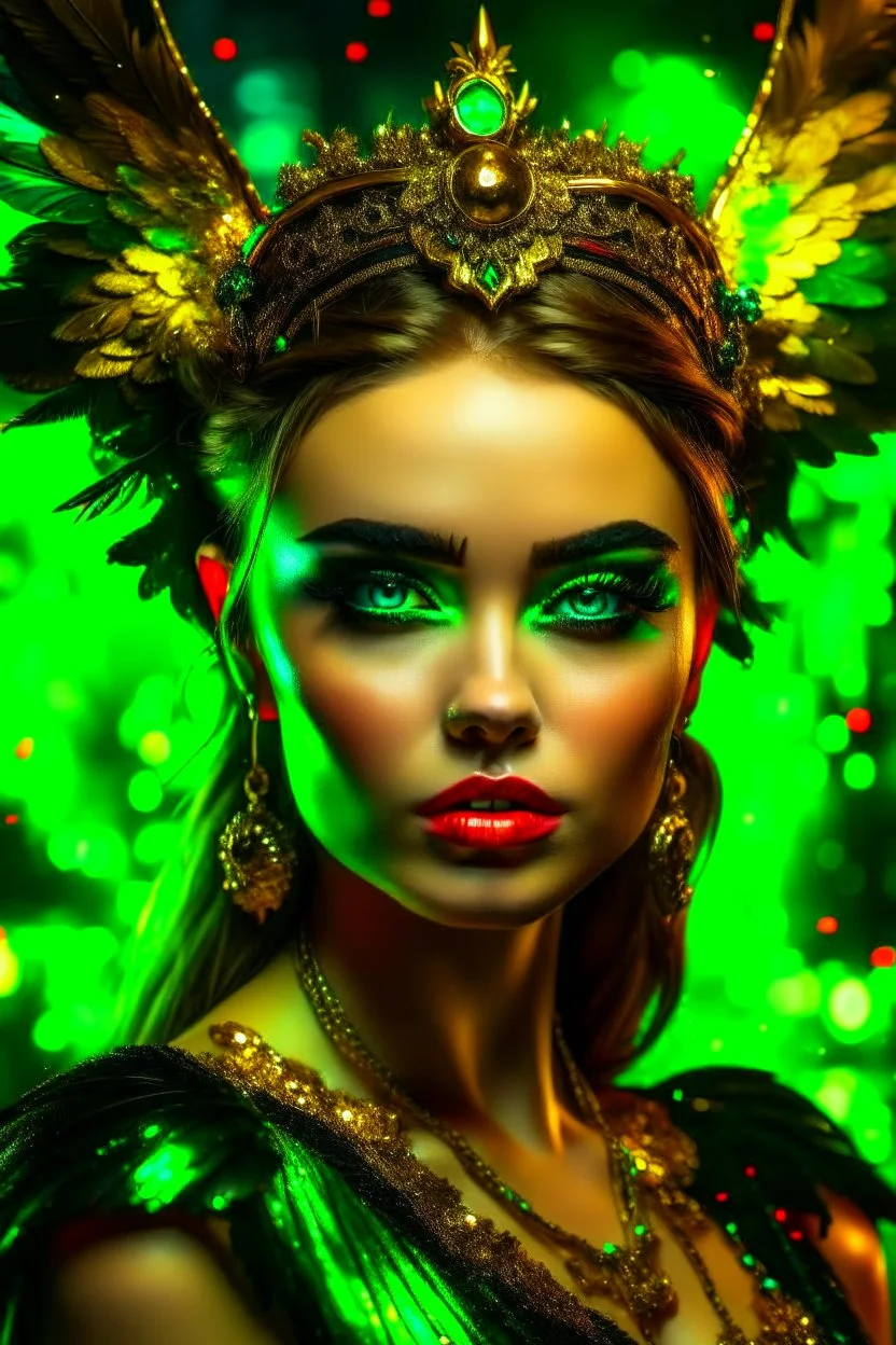 super pretty woman, close up face, green big eyes, black wet make-up, black lips, intense look, smile, golden tiara, golden necklace, black dress, black angel wings, beautiful artwork, vibrant colors, 4k, high quality, high detailed, darkness background.