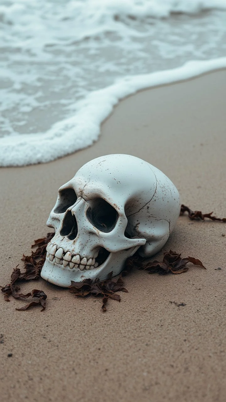 A skull covered with sea weed laying on the beach with a rough waves