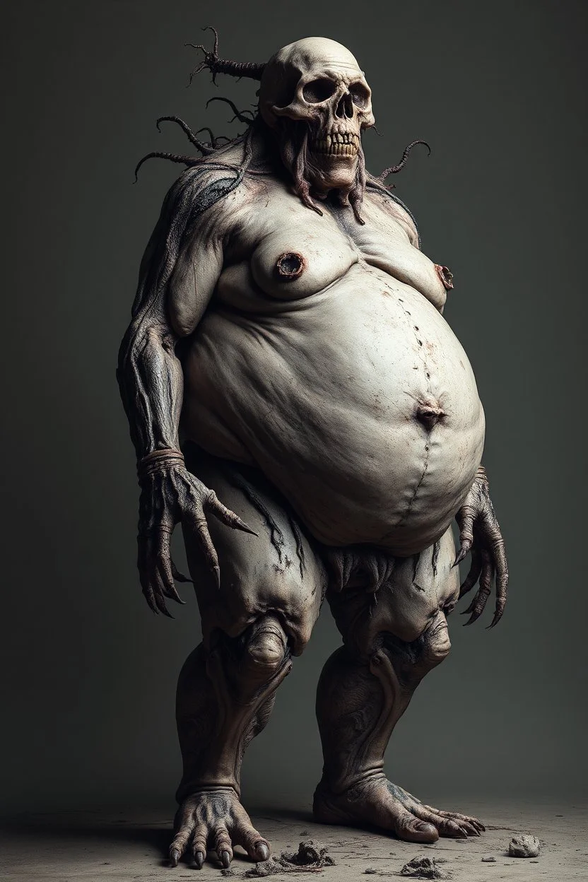 The full body of a fat man standing , decayed and rotting with grotesque proportions and imagery. surreal horror, biomechanical design, by hr giger and beksinski
