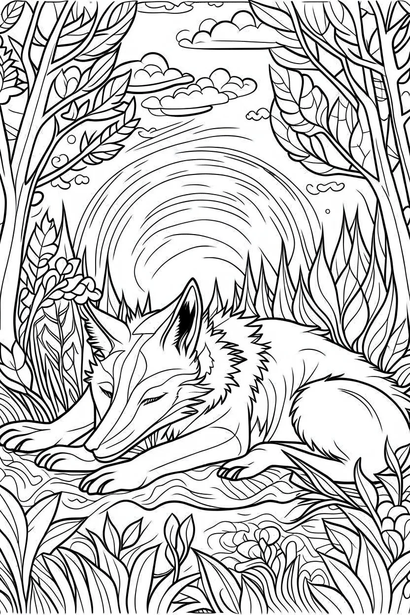 Coloring page for kids, cute sleeping wolf in the forest, thick lines