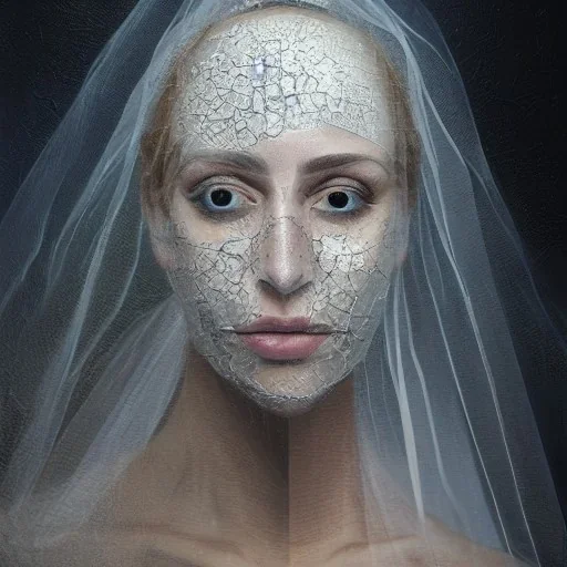 human face, one half bride and veil, one half man face, broken, cracked, fine detail, highly intricate, bridal veil, modern surrealism painting, identity crisis, high-quality, volumetric lighting, 8k, ultrahd, George Grie, Marco Escobedo, Igor Morski