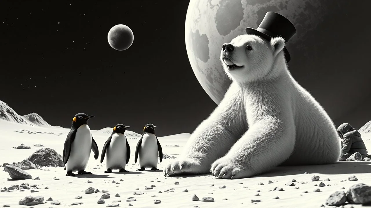 charlie chaplin as unstable polar growlar bear on the planet of Ceres, with some penguin astronauts