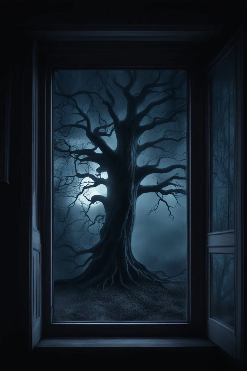 Midnight Whispers ghost big window showing a scary tree on the outside