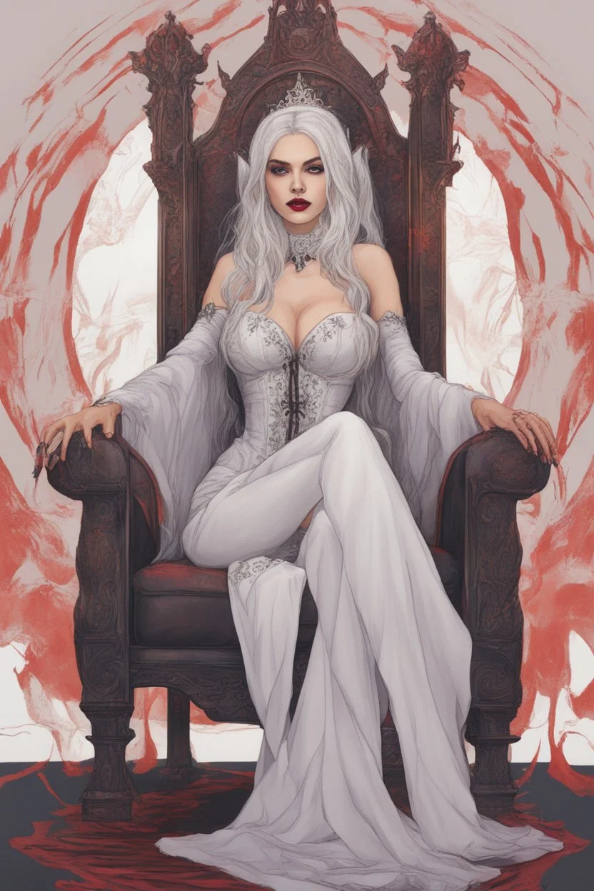 Beautiful white haired Vampire queen on her throne, drawing