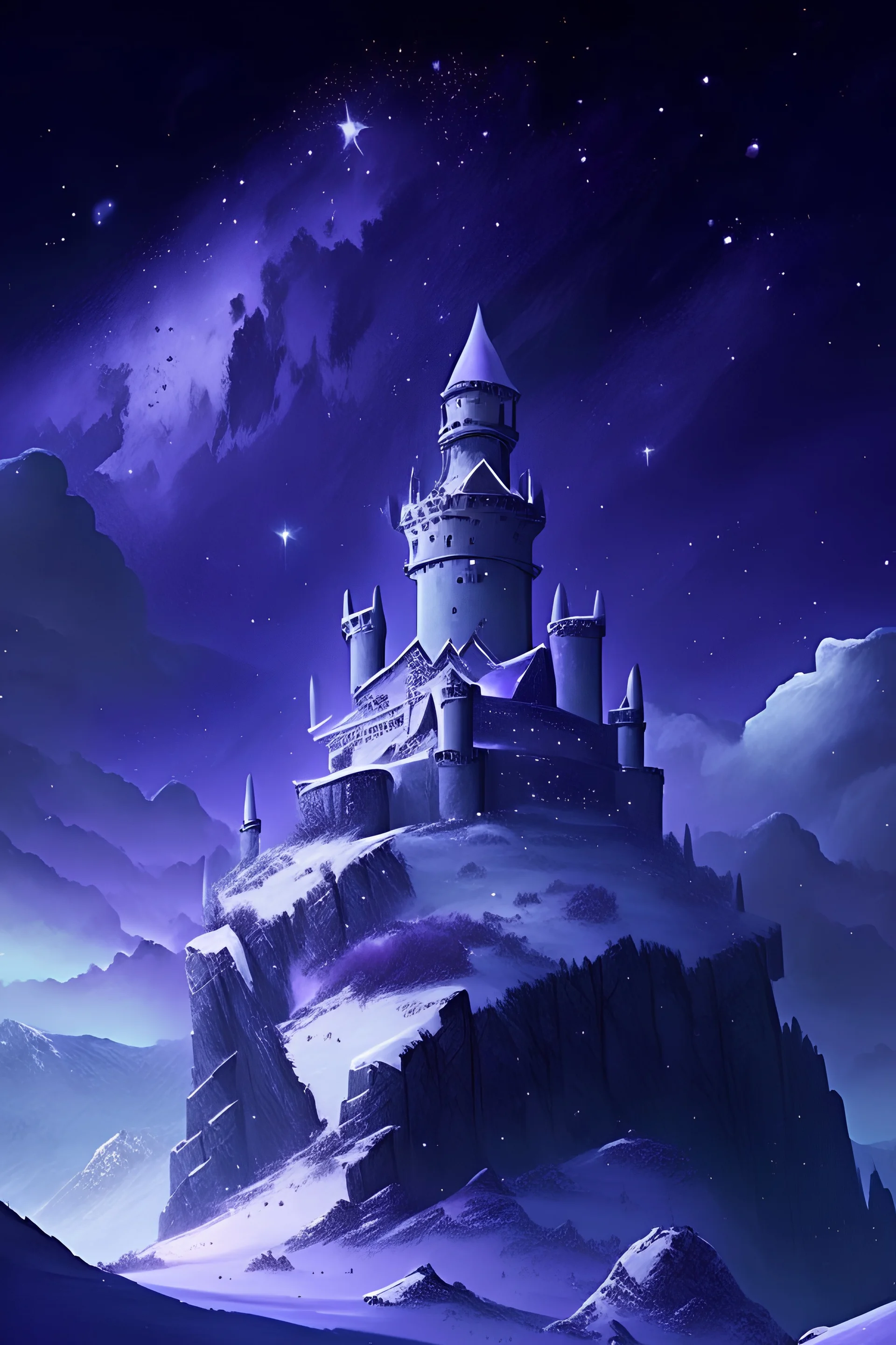 A large castle made of white stone with a town. It sits atop a snowy mountain and in a peak beside it is an observatory. The sky is a dark purpleish blue with lots of stars. A large observatory