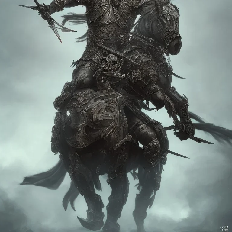 Skull headed warrior knight riding a muscular black horse with feet of fire, battle scars, still standing, rage, armor, foggy, electric currents, sword, pride, honor, scary, detailed, 4K, HD, Center line