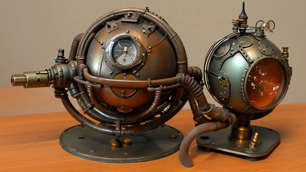 steampunk sphere with tubes, pipes, and wires floating in deep space, detailed