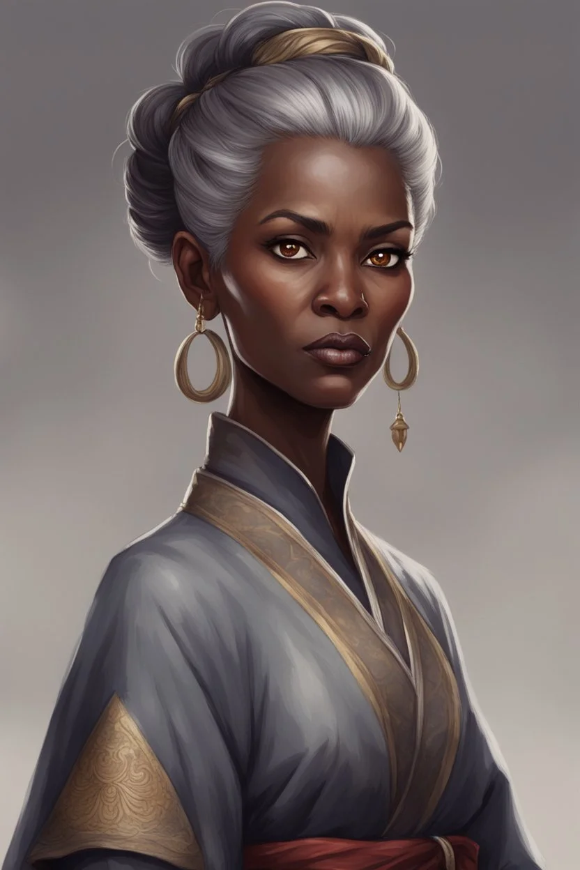 50-year-old sorceress, brown eyes and dark skin, gray hair tied up in a serious bun, dressed in a diplomatic tunic, with a serious look.