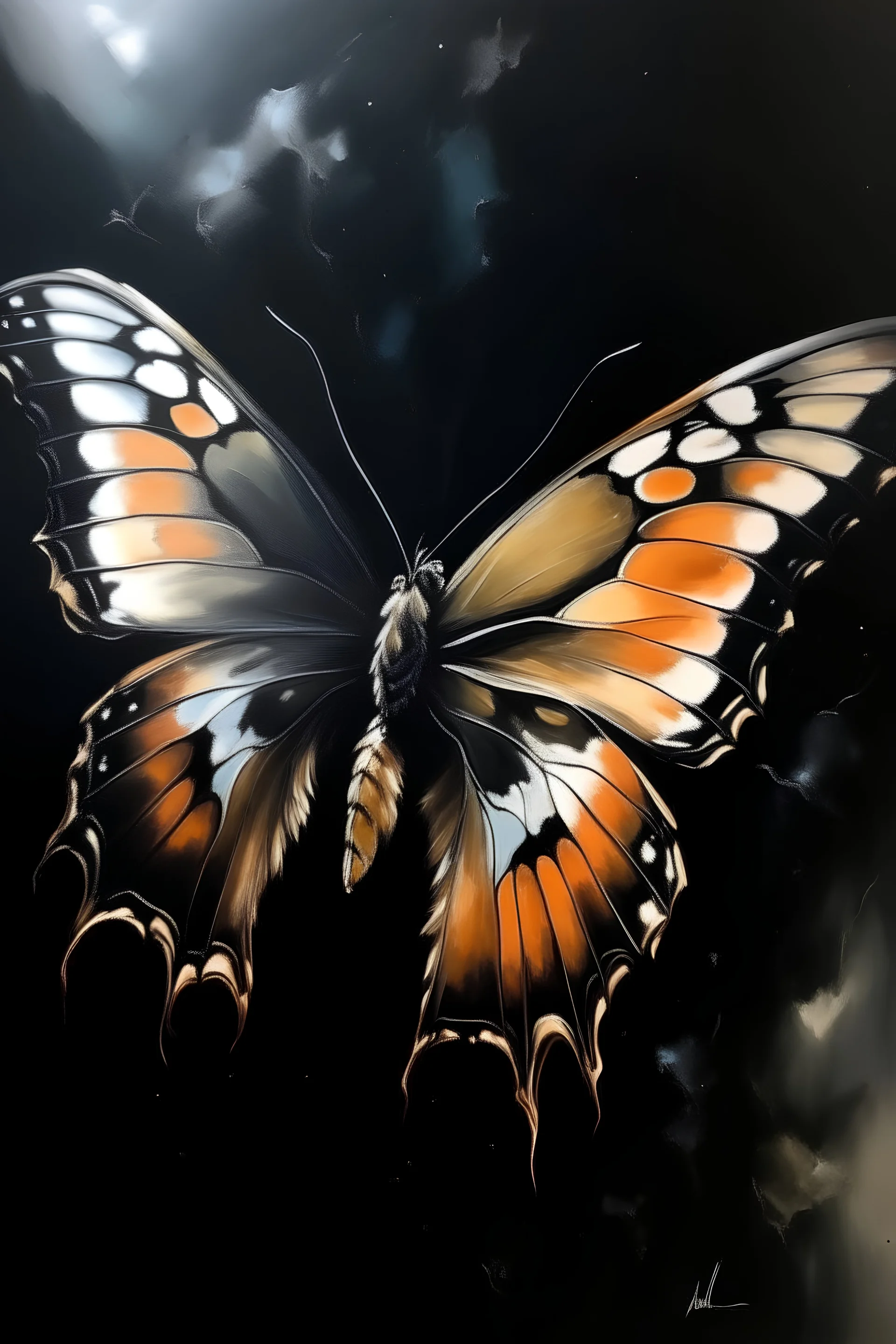 Oil painting of a butterfly in isolation, abstract, dark background, vintage colours, highly detailed, negative space on all sides