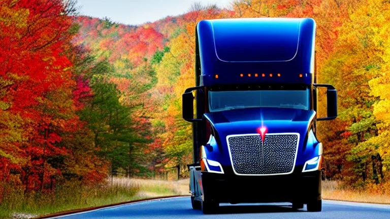 A Tesla semi-truck is racing at top speed, across the 'Great Smoky Mountains' National Park, in Tennessee. CINEMATIC. WIDE ANGLE LENS. PHOTO REAL.