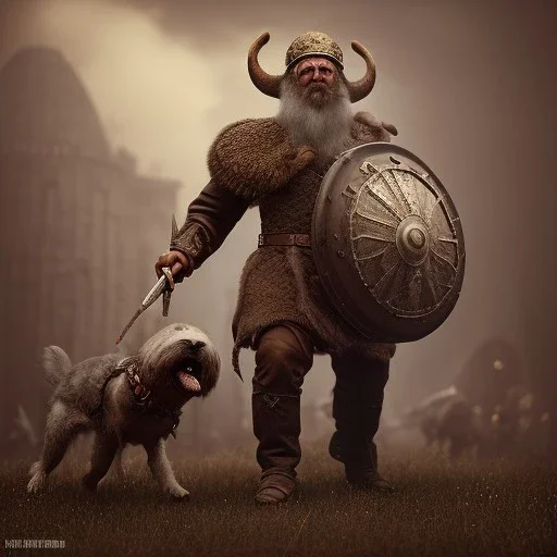 old viking fighting against a zombie dog, steam punk, realistic, made in octane, cinematic, ultra-realistic, extremely detailed octane rendering, 8K, VRAY Super Real ar 2:3, dof photorealistic futuristic 50mm lens hard lighting dark gray tintype photograph, realistic lighting, sepia color