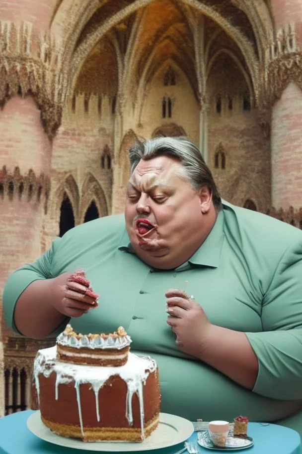 fat viktor orban eating cake in a castle