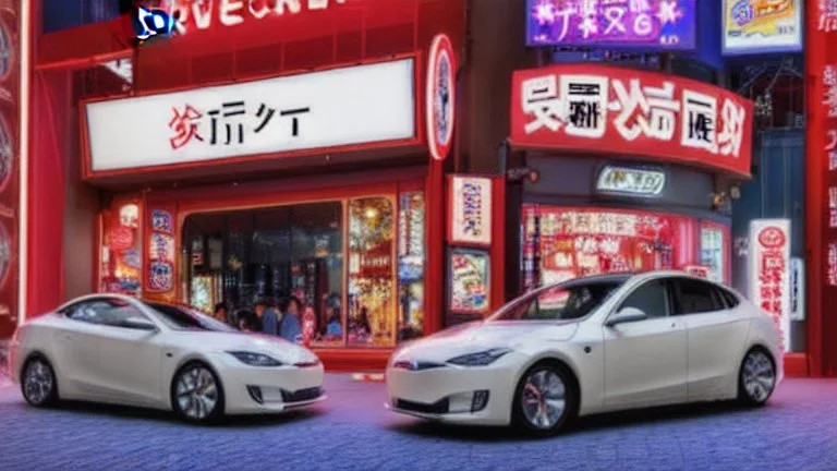 A Tesla's 'Model S Plaid' is doing donuts, within the 'Universal Studios Japan', in Osaka. CINEMATIC. WIDE ANGLE LENS. PHOTO REAL.