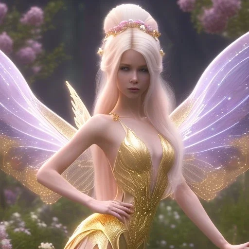 beautiful fairy very etheric, nice smiling, long blond hair, magic glamour pink make up, delicate colors, complete vision of very transparent golden and big wings, beautiful glamour transparent golden dress, ultra sharp focus, 8k, unreal engine 5, extremely sharp detail, light effect, soft light atmosphere, smooth, full of details, face in front, complete vision of face and hair and of the body