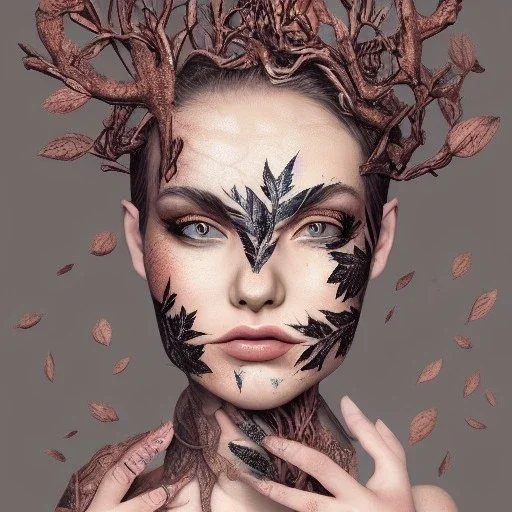 Queen Girl body face tattoo of leaves and gnarled branches extending past face and morphing into reality, color tattoo, 8k resolution, high-quality, fine-detail, intricate, digital art, detailed matte, volumetric lighting, illustration, octane render