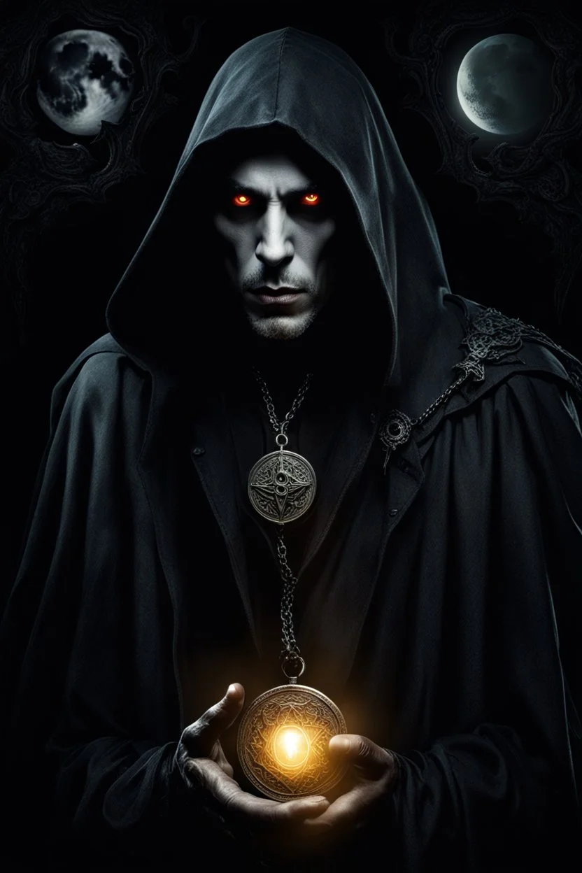 man with glowing eyes in dark hood, on his chest mystic witch medal, vampire man, black hair, dark shadows, dark fantasy, surreal, black, goth, gothic, mystic, mist, Moon, crepy stunning