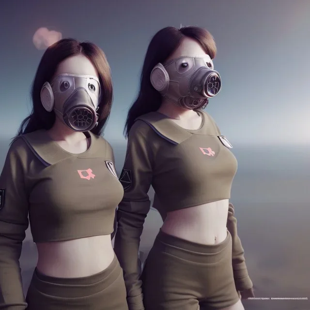 cute girls sitting at the computer in military gas masks. the masks are checkered.