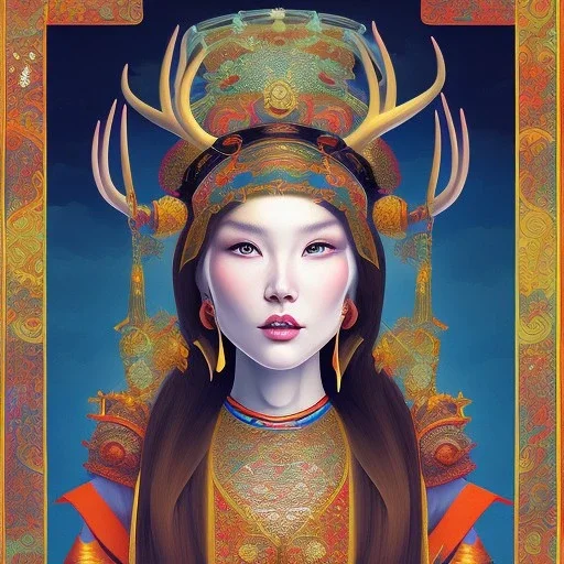 Mongol Goddess with antlers, portrait, detailed