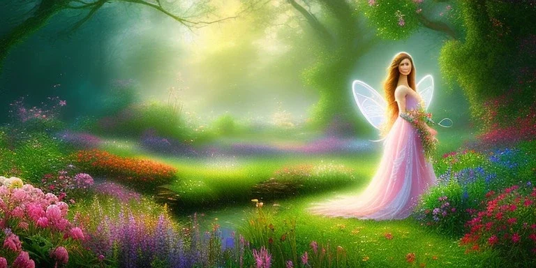 bright fairy, beautiful portrait, flowery landscape