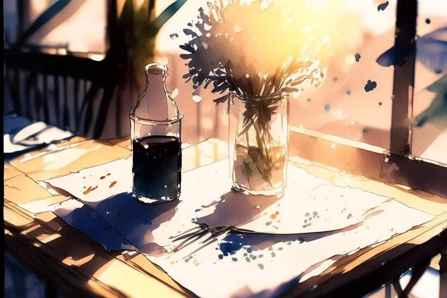 Anime, pixar, cute, table in a nice restaurant next to the window, meal, wine and flower on it, melting watercolor and black ink outlines on wet paper, soft, shading strokes, in sunshine, ethereal, otherwordly, cinematic postprocessing, bokeh, dof