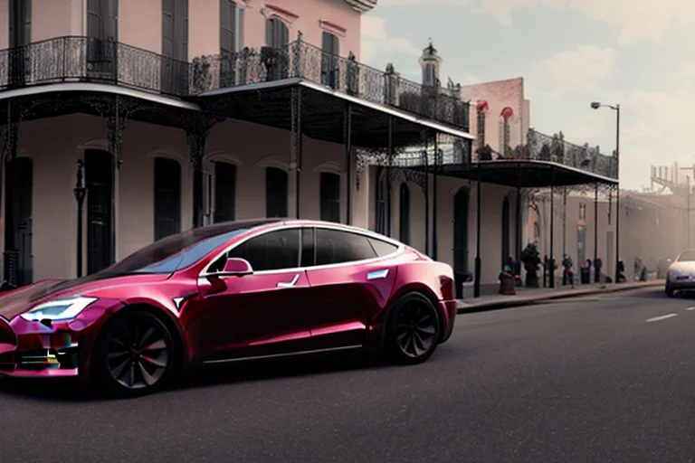 A Tesla 'Model Y' is drifting at high speeds, on the streets of New Orleans. (CINEMATIC, WIDE ANGLE LENS, PHOTO REAL)