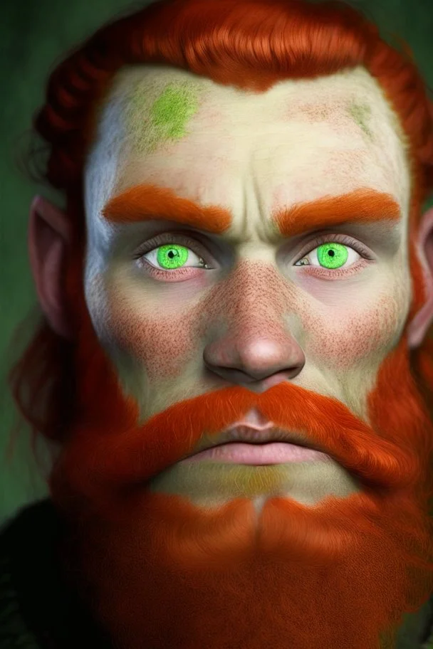 portrait of a dwarf, light green eyes, red hair, pronounced cheekbones and slightly square jaw