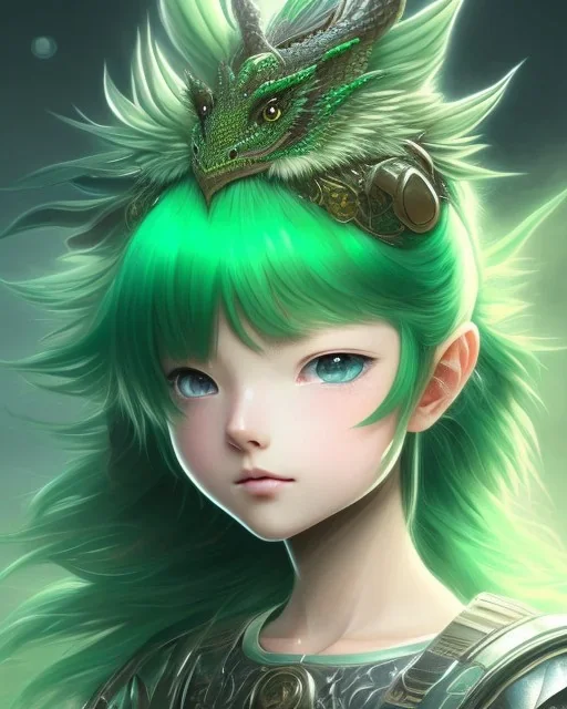 Detailed anime child girl, green hair, black and green dragon scale armour, intricate details, full body portrait, keep head in frame, slight smile, black Japanese motif, concept art, highly detailed, digital painting, concept art, sharp focus, illustration, art by Yoji Shinkawa, WLOP and greg rutkowski and alphonse mucha and artgerm and yanjun Chen and Junji ito and Makoto Shinkai, HDR, octane render