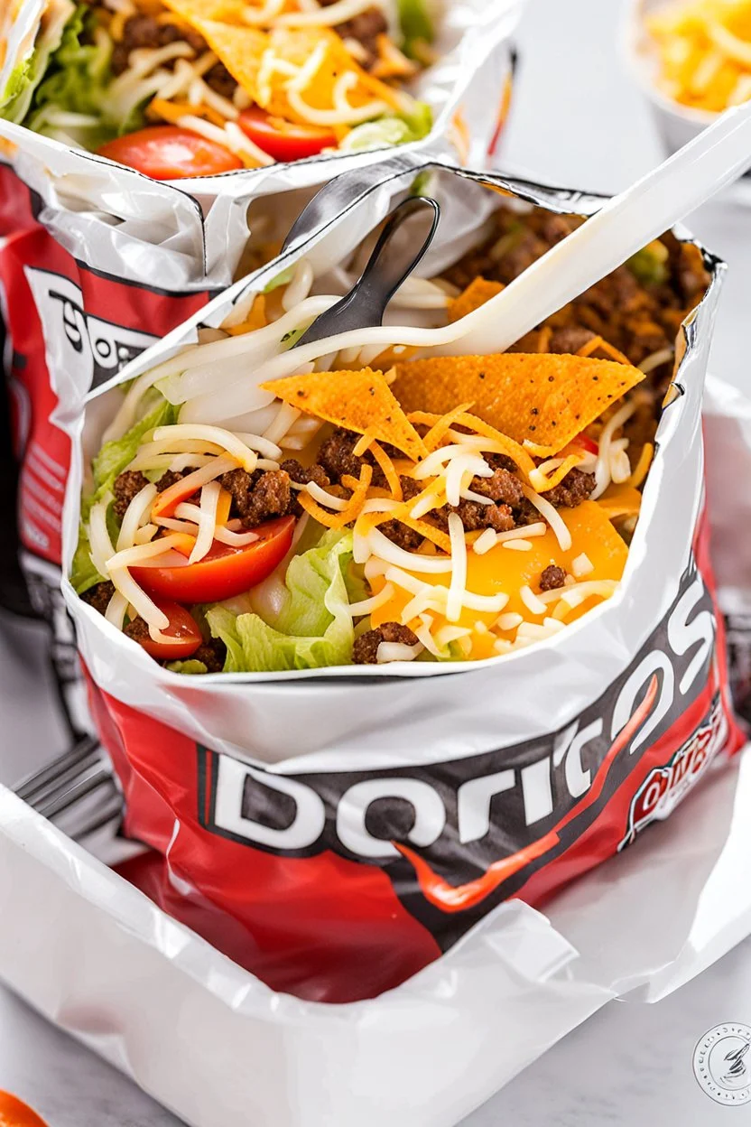 "Taco in a Bag" which consists of an open Doritos chip bag with sides rolled down, containing Doritos chips and cooked ground beef and lettuce and shredded cheese and chopped tomato pepper and onions and topped with more nacho chips, plastic fork, food blogger photography