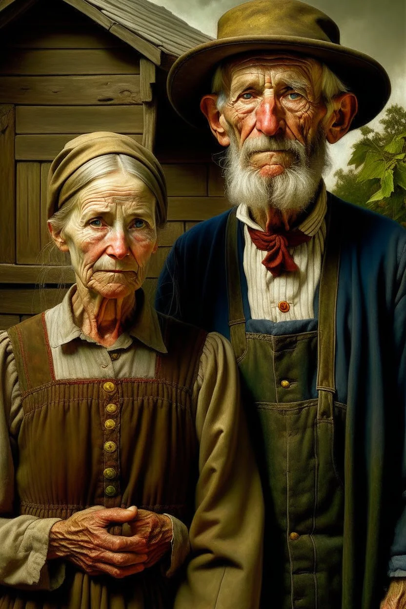 Color Portrait of an old Appalachian farmer couple early 1900s, beautiful painting with highly detailed face by greg rutkowski, Lee Jeffries, magali villanueve Modifiers: extremely detailed oil on canvas photorealistic New Age: American Gothic An elderly couple in vintage farm attire stand before a barn, the woman holding a basket of fruit and the man clutching a pitchfork.