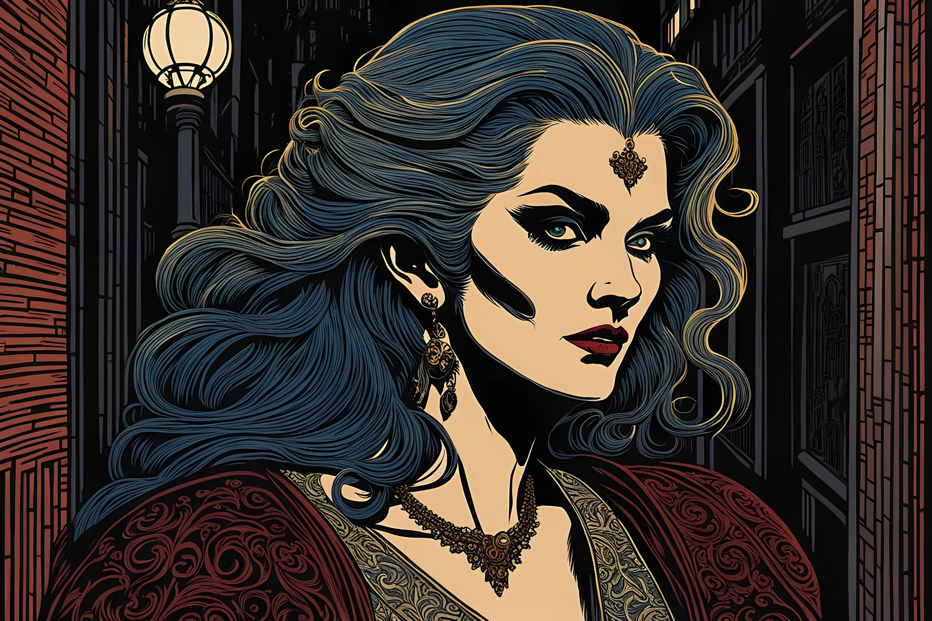 museum quality color woodcut of a Banu Haquim female vampire with highly detailed hair and facial features in the dark back alleys of Seattle, in the style of Gustave Baumann, with a fine art , graphic novel aesthetic, highly detailed, finely cut ,8k render,